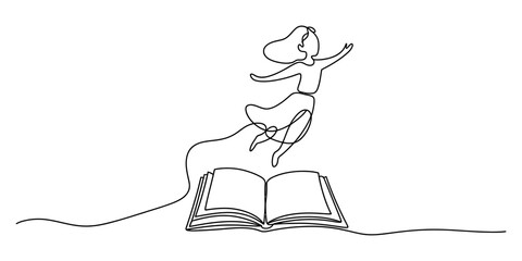 Continuous line art of a woman leaping from an open book, symbolizing freedom and imagination isolated on white background, Vector, illustration © Creative_Outline2019