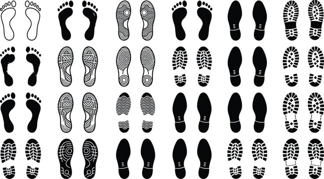 Vector collection of diverse footprint and shoe print icons including bare feet, sneakers, boots, and formal shoes, ideal for forensic, tracking, fashion, and design projects