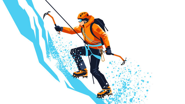 Extreme ice climbing adventure: vibrant flat design of a mountaineer on a challenging frozen ascent