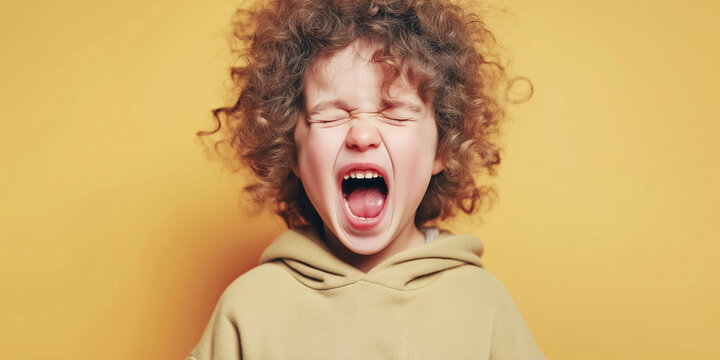 Child expressing intense feelings, screaming with frustration or anger. Headshot of a kid having a tantrum, showing overwhelming emotion