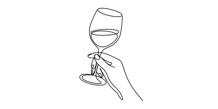Hand holding a wine glass in a minimalist continuous line art style illustration on a white background isolated on white background, Vector, illustration