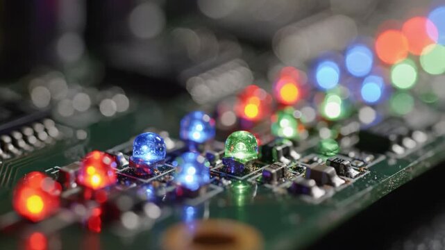Colorful led light diode electronic circuit board green technology background macro closeup glowing component hardware panel bokeh detail modern gadget sci fi mood futuristic electronics atmosphere