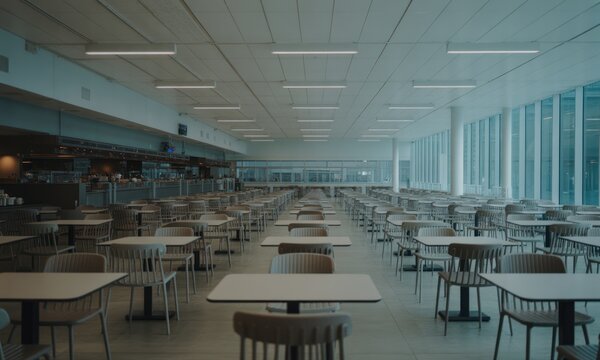Empty cafeteria with rows of tables and chairs, large windows, and bright lights