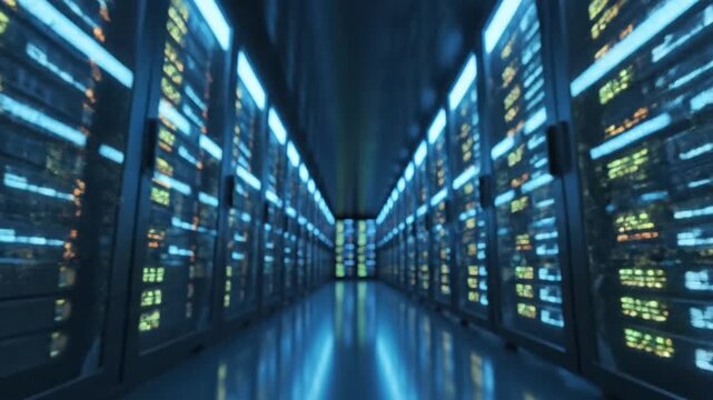 Server Room: A futuristic server room with rows of powerful servers and high-tech equipment glows with digital data. 