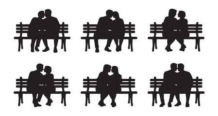 Obraz premium Diverse romantic couples silhouetted on park benches expressing affection and connection
