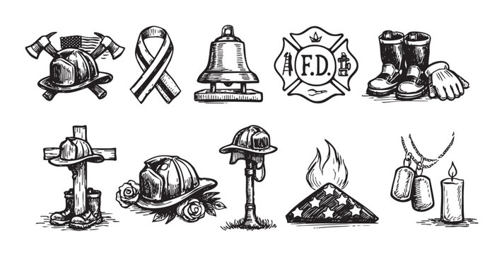 A monochrome sketch-style set of firefighter memorial icons, including hats, boots, Maltese cross, American flag, bell, candle, and dog tags on a white background.