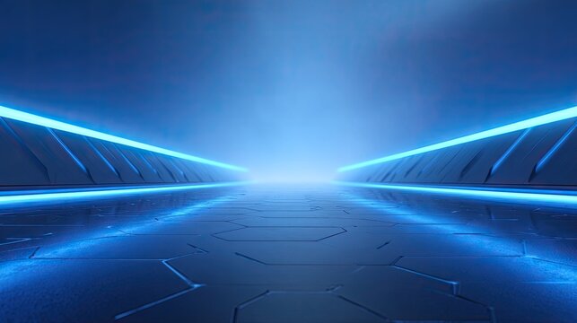 Futuristic dimly lit corridor with glowing neon blue edges and geometric patterns creating a sci-fi atmosphere and endless perspective view ahead