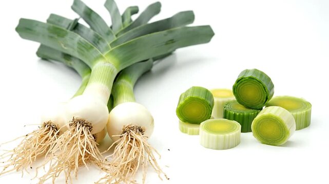 Fresh leeks on white background.