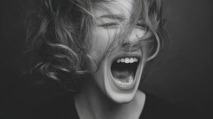 Female with curly hair screams passionately, showcasing intense emotion against a dark background, capturing the raw expression of sound and energy in a monochrome portrait