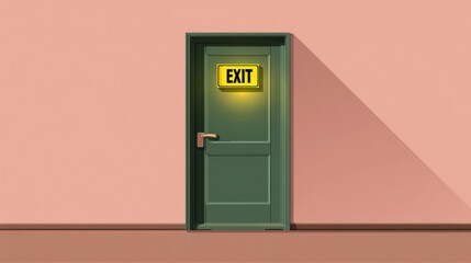 Green exit door with illuminated sign on a pink wall, featuring a handle and shadow cast on the floor, indicating a clear exit route in a building interior