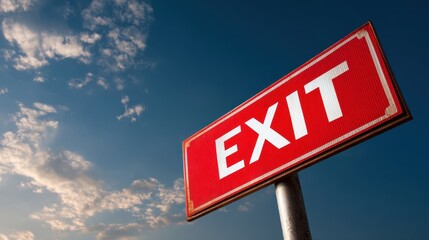 Red exit sign mounted on a pole against a blue sky with clouds, indicating direction for leaving a building or area, emphasizing safety and navigation