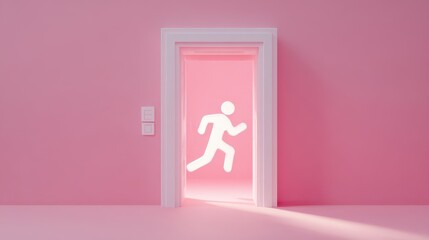 Minimalist illustration of an open door with a running figure icon against a pink wall, creating a vibrant and modern interior design concept