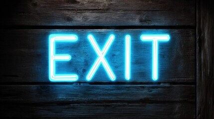 Neon blue exit sign illuminated against a dark wooden background, showcasing a clear and bold message for directional guidance in indoor spaces