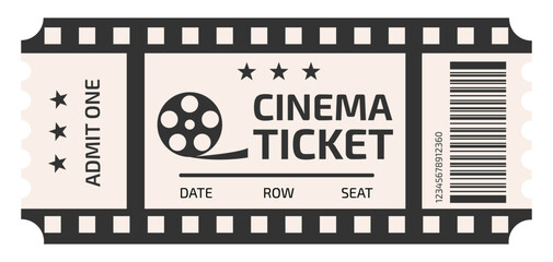 A black and white vector movie ticket with a barcode template, isolated on a white background. The ticket design features retro-style film elements.