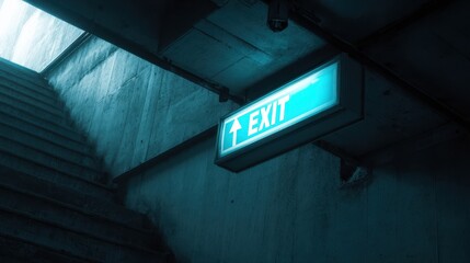 Illuminated exit sign above staircase in a dimly lit underground corridor, featuring concrete walls and a clear upward direction indicated by an arrow