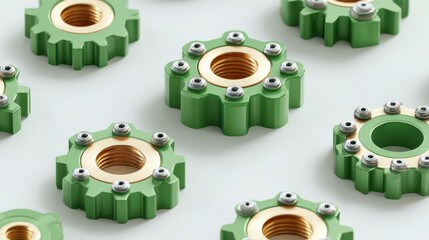 Green mechanical components with gold threaded inserts arranged on a white surface, showcasing intricate design and precision engineering in a manufacturing context