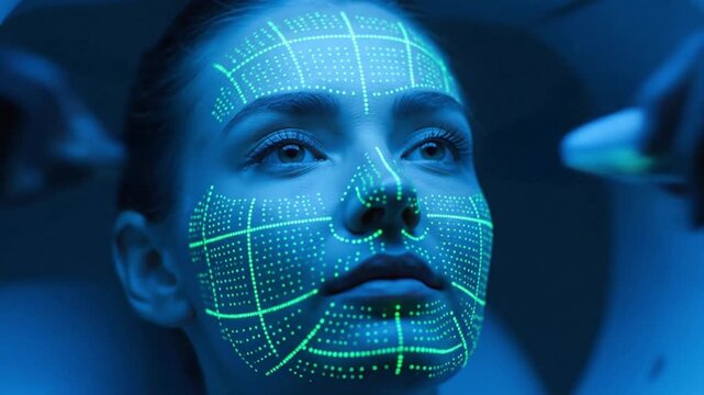 A woman's face is being scanned with a 3D facial recognition technology in a high-tech laboratory setting from a close-up viewpoint for analysis My Video-14