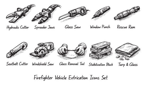 A set of hand-drawn icons depicting various firefighter vehicle extrication tools, including cutters, saws, rams, and stabilization blocks, on a white background.