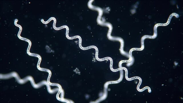 Ultra-realistic microscopic video of the spirochete Borrelia burgdorferi under a high-end laboratory microscope in darkfield viewing. The thin, corkscrew-like bacteria have a characteristic spiral mor