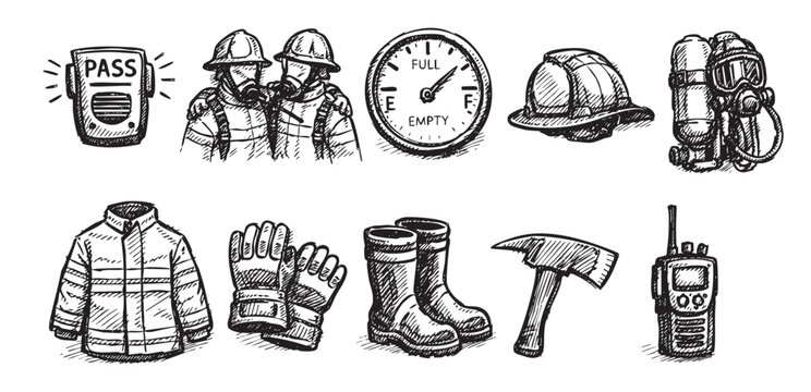Hand-drawn style icons representing firefighter gear, including uniforms, tools, and equipment, suitable for safety and emergency service designs.