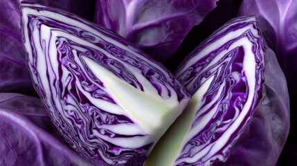 Obraz premium Close up macro detailed high resolution photo of sliced purple cabbage revealing intricate patterns and textures, showcasing vibrant colors against a clean minimal background