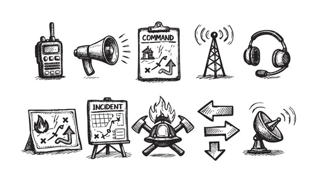 Collection of hand drawn style vector icons depicting emergency response, including communication, planning, and coordination elements on a clean white backdrop.