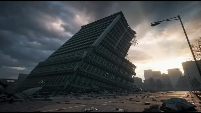 A massive skyscraper leans at an impossible angle amidst the rubble of a city street after a powerful earthquake, with sunbeams piercing through ominous storm clouds during golden hour.