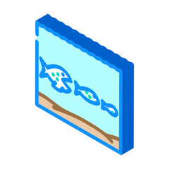 Isometric icon of colorful aquarium fish swimming in a vibrant indoor tank, showcasing a clean, stylized aquatic habitat for pet care, hobby, and freshwater life illustration