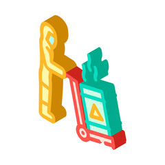 Person wearing protective suit moving a leaking barrel with a hazardous material warning symbol on a hand truck, emphasizing safety procedures and environmental protection