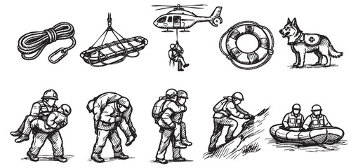 Obraz premium A hand-drawn illustration in black and white depicts various rescue scenarios and equipment, including a helicopter, rescue dog, and personnel carrying individuals.