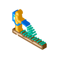 Farmer figure with a backpack sprayer applying pesticide to rows of crops, symbolizing pest control, agriculture work, and chemical treatment in gardening