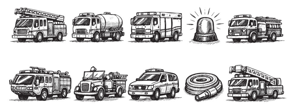 Hand-drawn black and white sketch illustration featuring various fire trucks, a fire hose, and an emergency light, ideal for designs related to firefighting.