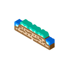 Isometric soil cross section showing layered earth with plant roots and green shrubs on top, surrounded by blue water vector illustration for ecology, geology, agriculture and education