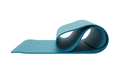 Blue yoga mat curling up side view. Fitness exercise equipment.