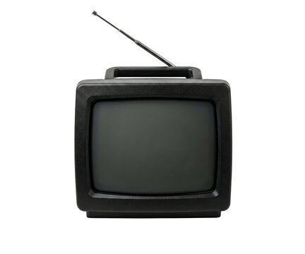 Small black retro portable television with antenna. Vintage mini tv set.