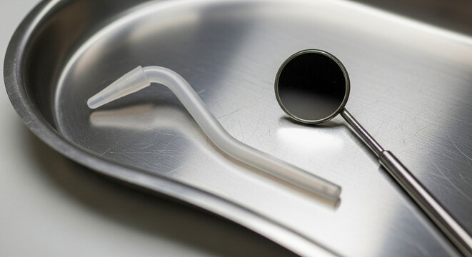 Dental tools on stainless steel tray for oral examination
