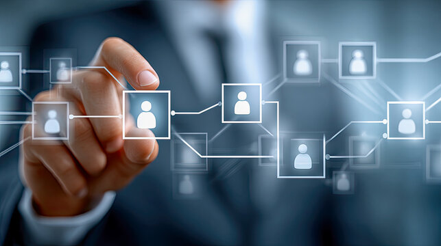 Benutzerprofile in vernetzter Struktur mit Auswahl durch eine Hand. Darstellung von Personen, Datenverbindungen und Organisation in moderner, technischer Umgebung.