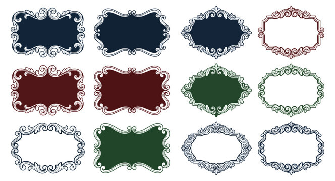 Decorative frames set in various colors with ornate design elements