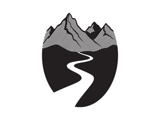 Fototapeta premium Vintage style illustration of a winding road leading through a mountainous landscape with shaded details