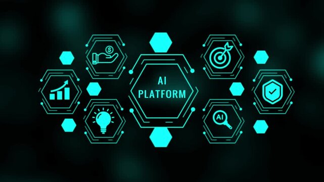 Futuristic digital interface displaying glowing cyan and the text AIPLATFORM in the center, surrounded by for growth chart, hand with dollar, lightbulb, magnifying glass with AI, target
