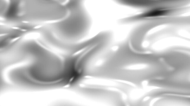 Silver liquid metal abstract background with wavy glossy surface and reflective highlights.