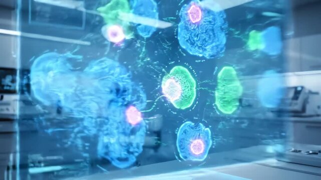 Microscopic view of glowing blue and green cells on a laboratory computer screen with a futuristic interface.