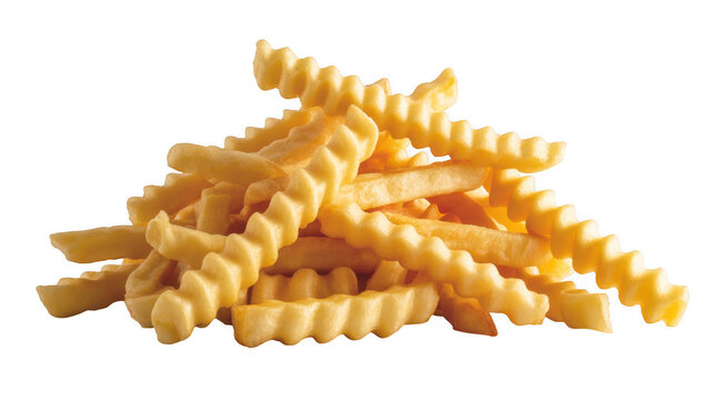 Pile of crispy golden crinkle cut french fries isolated on a transparent background