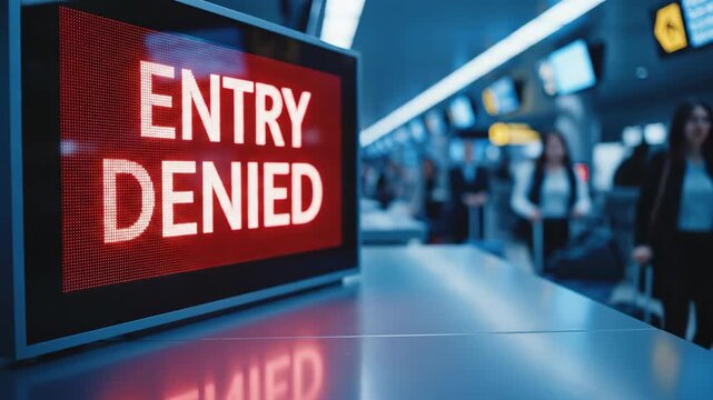 Entry denied message on digital screen at airport check-in counter while people and a woman pass by. Travel restriction concept.
