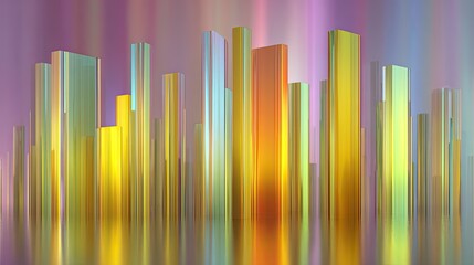 Obraz premium Abstract colorful city skyline with reflective metallic textures creating a vibrant and dynamic atmosphere under colorful gradient background