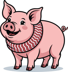 Fototapeta premium Pig cartoon character wearing red and white striped scarf isolated on white background