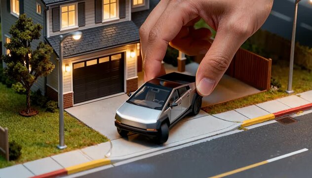 Riesige Hand parkt futuristische Silberlimousine auf Stadtstra&szlig;e