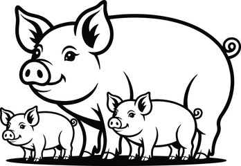 Pig with piglets line art illustration of a farm animal family on white background © Vector_Nest