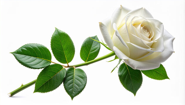 A single white rose with green leaves on a white background