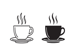 Fototapeta premium Two steaming coffee cups in black and white illustration side by side on saucers